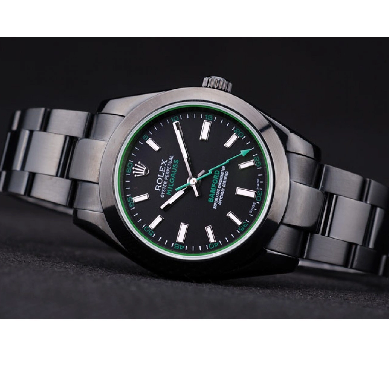 AAA Replica Watches Stainless Milgaus Ion Rolex 7476 Steel Bezel Black Dial Plated Bamford 0621